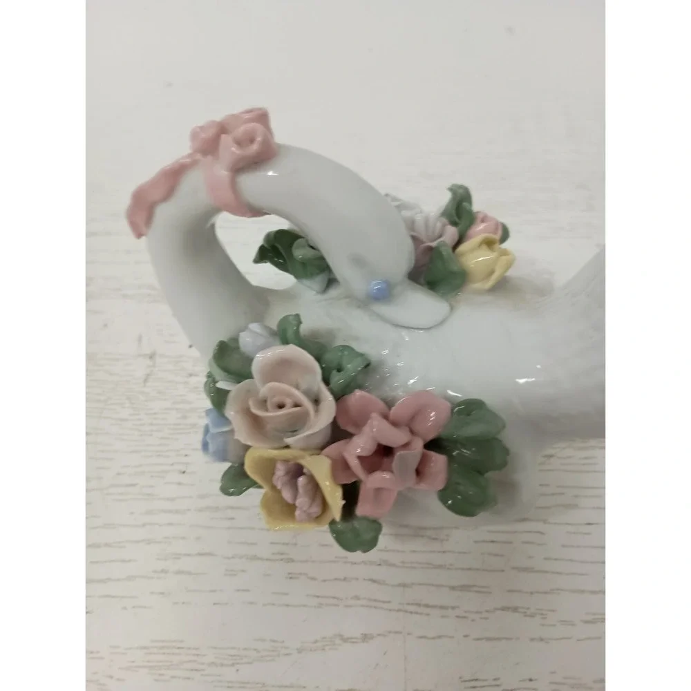 Vintage Swan Figurine With 3D Floral Design Porcelain Cottagecore Country Decor